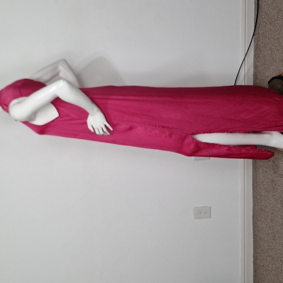 Pink Silky Button Front Coquette Romantic Barbiecore Side Slit Shirt Maxi Dress - Picture 5 of 9